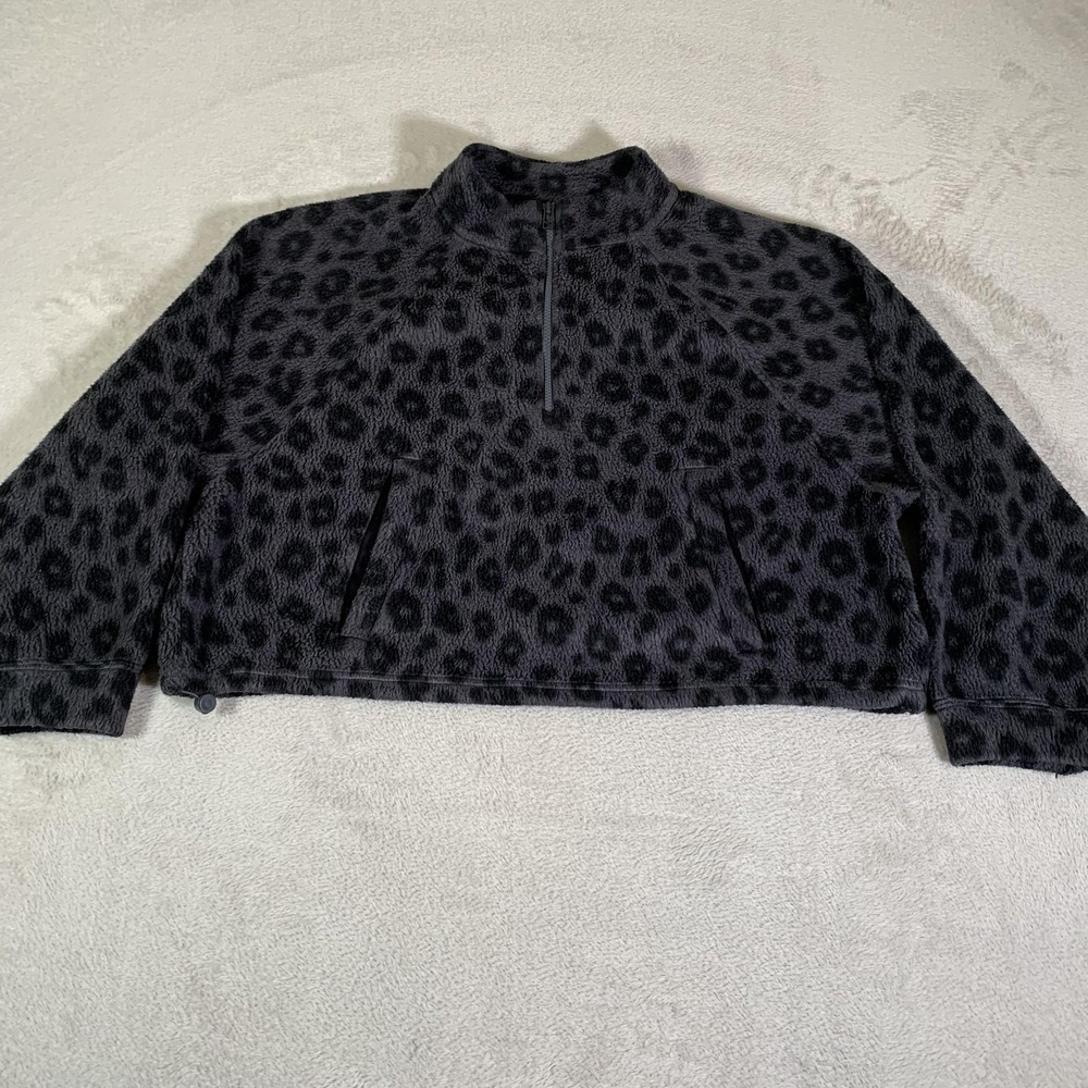 Vintage Old Navy Fleece Jacket Womens L Gray Leopard 1/4‎ Zip Cropped Oversized